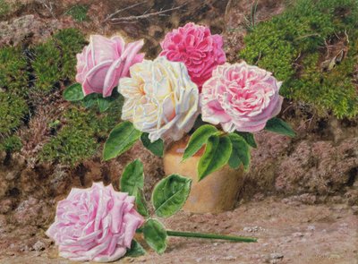 Roses in an Earthenware Vase by a Mossy Bank by John Sherrin